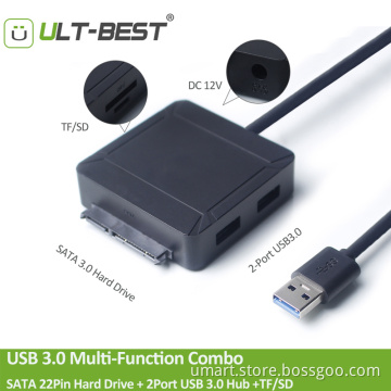 USB 3.0 to SATA III Hard Drive Adapter Cable for 2.5 / 3.5 inch SSD/HDD with 2-Port USB 3.0 and SD/TF Card Reader, Supports UASP
